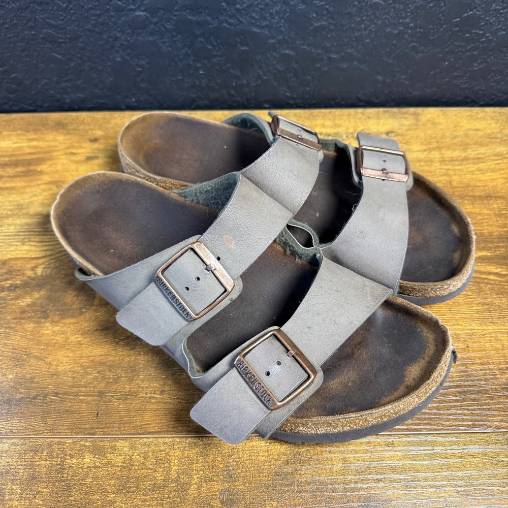 Birkenstock Arizona Grey Leather Two Strap‎ Slide Sandals Mens 41